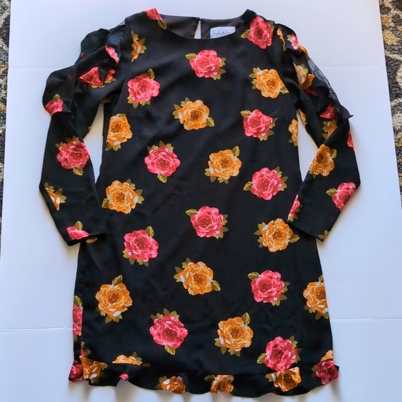 Nicole Miller Studio Women's Black Red Orange Floral Ruffle Long Sleeve Dress - Picture 10 of 16